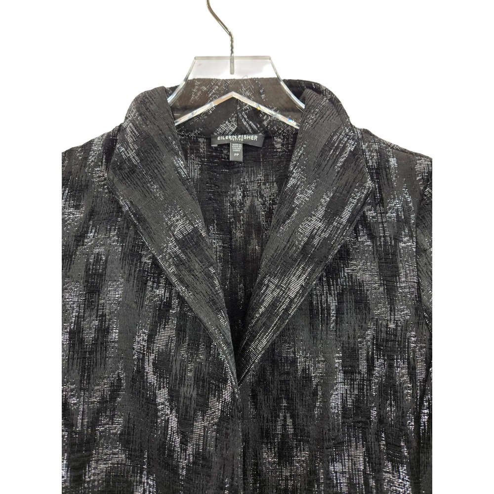 Eileen Fisher PP Petite Black Silver Ikat Jacquard Kimono Jacket 3/4 Sleeve - Picture 3 of 11